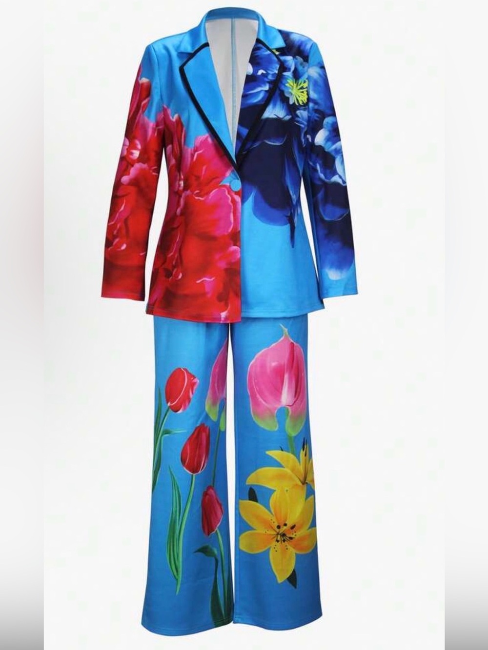 Wide Leg Floral Print Pants & Blazer Set in Bright Blue